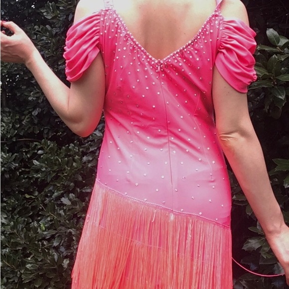 Hot Pink Contemporary Dance Costume with Fringe and Rhinestones - Picture 5 of 5